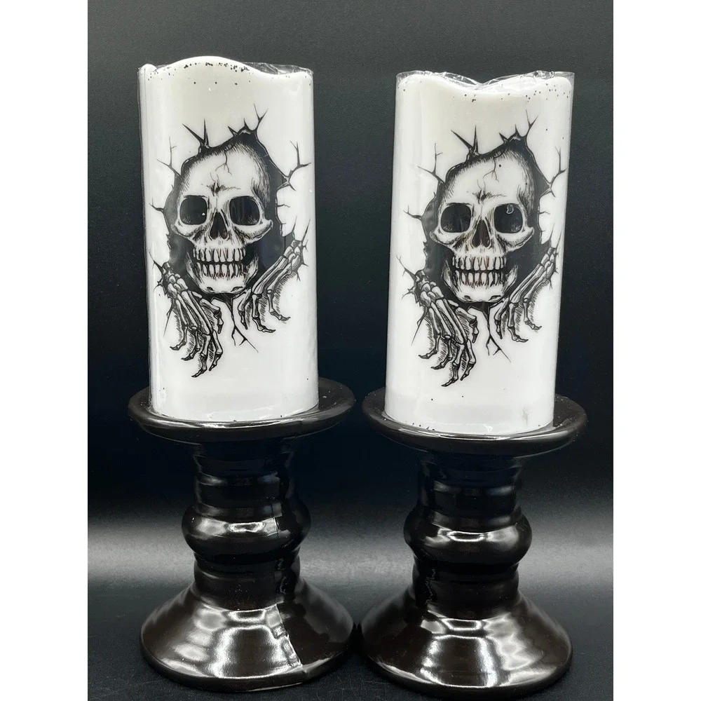 Skull Flameless LED Pillar Candles with Pedestal Bases Set of 2 Halloween Decor